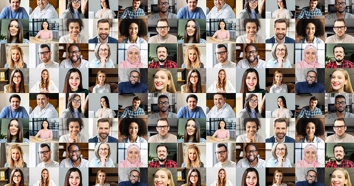 Video conference concept. Banner, screensaver, collage with a lot of diverse people, multiracial colleagues brainstorming on the distance, a lot of people different generation and nation. Hr database AdobeStock: 425025153 (Вадим Пастух)